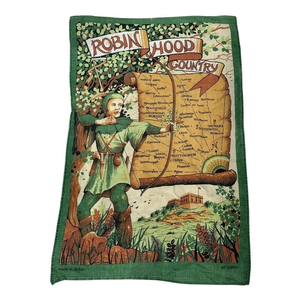 Vintage Robin Hood Country Map Kitchen Tea Towel Cotton Green Made In Britain